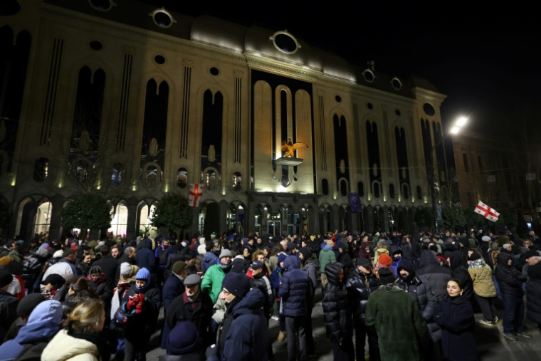 Des manifestants lors d'un rassemblement contre le gouvernement devant le Parlement géorgien, le 2 février 2025 à Tbilissi  ( AFP / Giorgi ARJEVANIDZE )