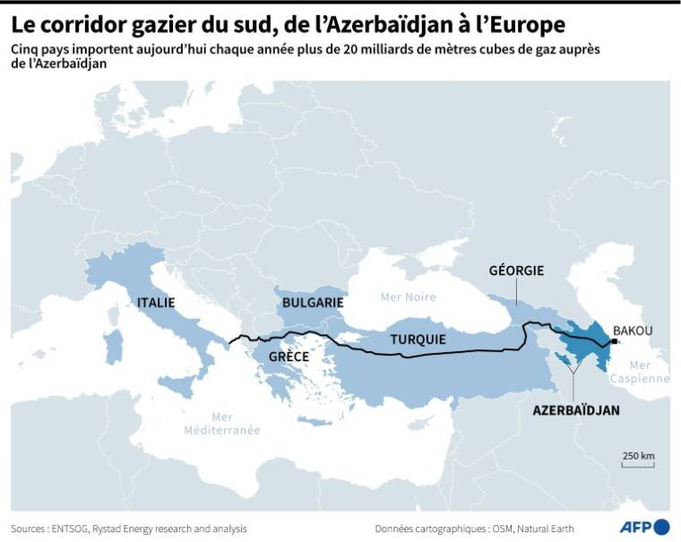 Map showing Azerbaijan and the Southern European gas corridor through which the country exports its production to Turkey, Italy, Georgia, Greece and Bulgaria (AFP / Valentina BRESCHI)