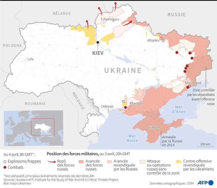 Carte de la situation en Ukraine au 4 avril à 8h GMT ( AFP /  )