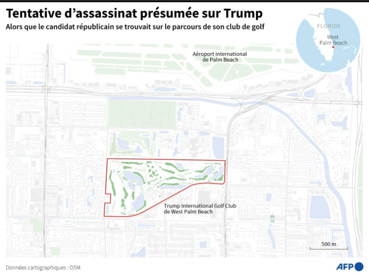 Carte de West Palm beach montrant la localisation du club de golf où Donald Trump se trouvait au moment où il semble avoir été pris pour cible d'une tentative d'assassinat ( AFP / Valentin RAKOVSKY )