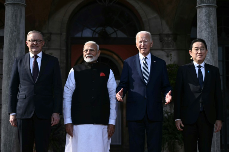 Le président américain Joe Biden (2e d), le Premier ministre australien Anthony Albanese (g), le Premier ministre indien Narendra Modi (2e g) et le Premier ministre japonais Fumio Kishida, à Wilmington, le 21 septembre 2024 dans le Delaware ( AFP / Brendan SMIALOWSKI )