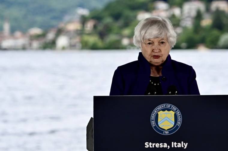 La secrétaire américaine au Trésor Janet Jellen, lors d'une conférence de presse à l'ouverture de la réunion des ministres des Finances du G7 à Stresa, dans le nord de l'Italie, le 23 mai 2024 ( AFP / GABRIEL BOUYS )