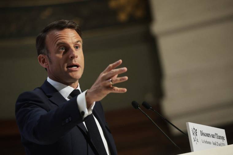 Emmanuel Macron, à la Sorbonne, le 25 avril 2024 ( POOL / CHRISTOPHE PETIT TESSON )