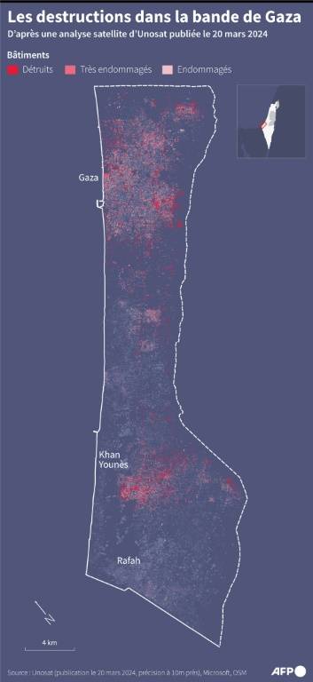 Carte de la bande de Gaza faisant apparaître les bâtiments détruits ou endommagés depuis le 7 octobre, d'après une analyse d'Onusat publiée le 20 mars 2024 ( AFP / Valentin RAKOVSKY )