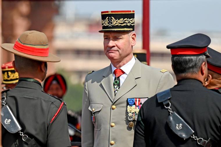 Le chef d'état-major de l'armée de Terre française Pierre Schill à New Delhi le 27 février 2024. ( AFP / SAJJAD HUSSAIN )