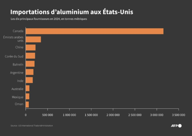 Les 10 principaux fournisseurs d'aluminium en 2024 des Etats-Unis, selon les données de l'US International Trade Administration ( AFP / Jonathan WALTER )