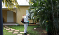 Opération de fumigation pour empêcher la prolifération des moustiques, à La Possession, le 28 avril 2020 sur l'île de La Réunion ( AFP / Richard BOUHET )