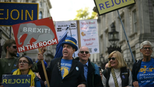 Des Britanniques défilent le 28 septembre 2024 à Londres pour réclamer le retour du Royaume-Uni dans l'Union européenne ( AFP / Ben STANSALL )