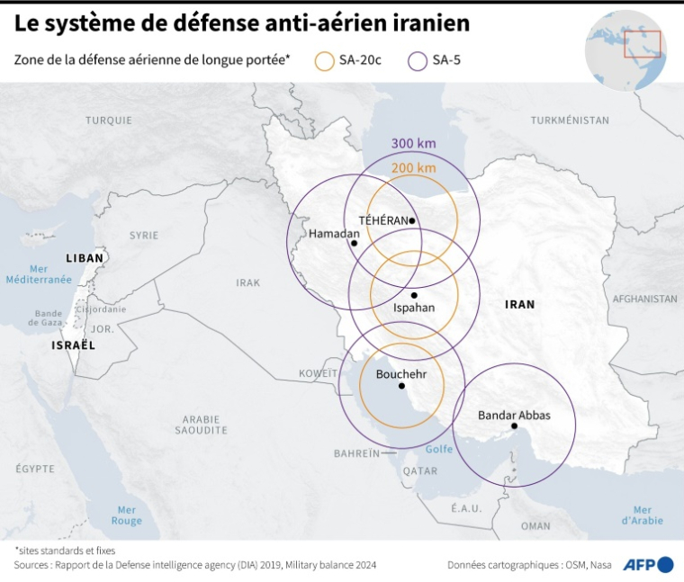 Carte localisant les sites fixes du système de défense anti-aérien iranien avec la portée des installations connues, selon un rapport des renseignements américains publié en 2019 ( AFP / Paz PIZARRO )