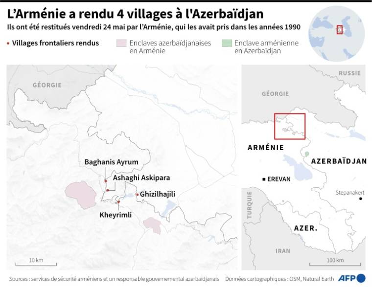 Carte de l'Azerbaïdjan et de l'Arménie montrant les 4 villages frontaliers rendus vendredi 24 mai par l'Arménie à l'Azerbaïdjan ( AFP / Nalini LEPETIT-CHELLA )