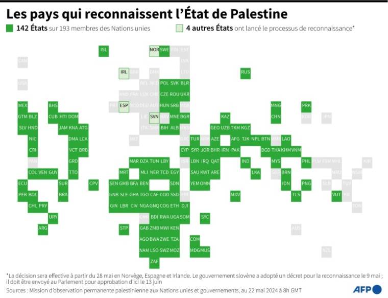 Cartogramme des pays membres des Nations unies reconnaissant l'Etat de Palestine, au 22 mai 2024 ( AFP / Valentin RAKOVSKY )