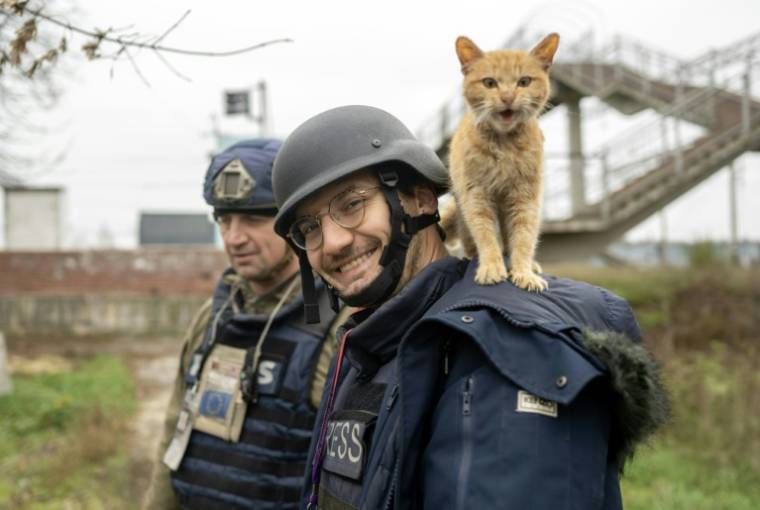 Le journaliste Arman Soldin (d), un chat sur les épaules, lors d'une mission pour l'AFP en Ukraine, le 11 novembre 2022 ( AFP / Bulent KILIC )