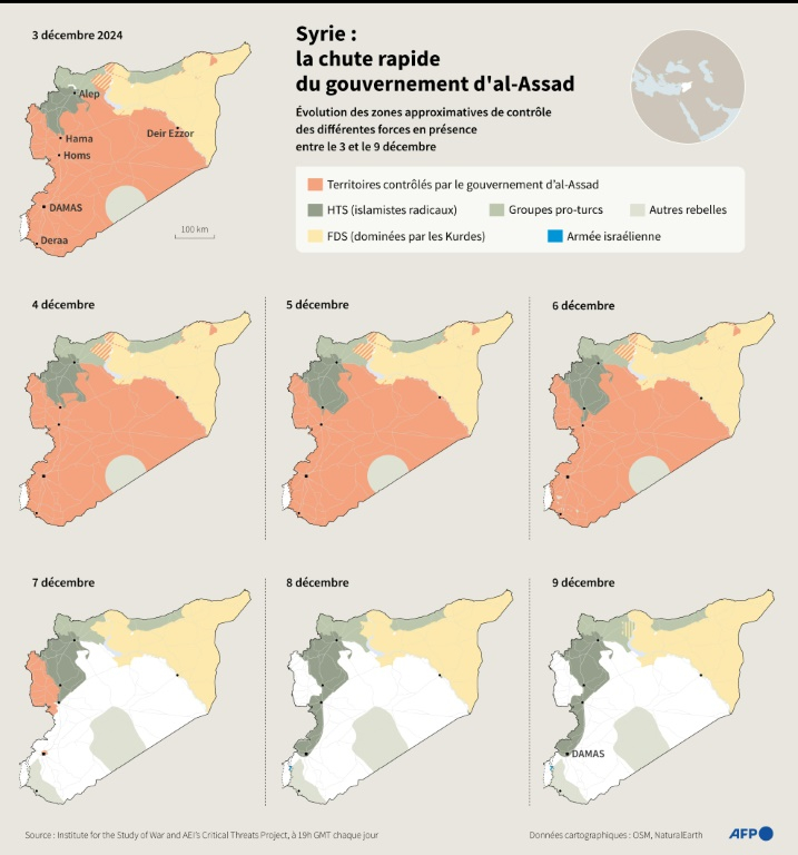 Cartes montrant l'évolution des zones approximatives de contrôle des rebelles syriens entre le 3 décembre et le 9 décembre au lendemain de la prise de Damas ( AFP / Valentin RAKOVSKY )