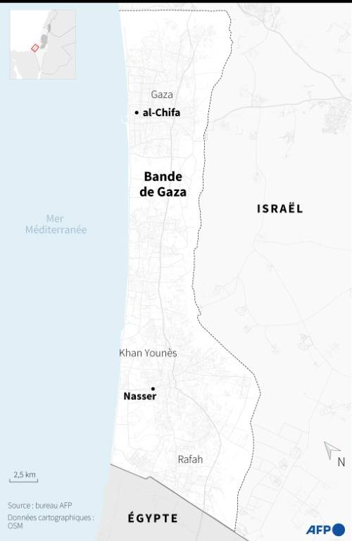 Carte de la bande de Gaza avec les hôpitaux Nasser et al-Chifa ( AFP / Sylvie HUSSON )