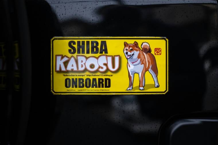 Un autocollant de la chienne shiba inu Kabosu, star d'internet et emblème de la cryptomonnaie Dogecoin, sur la voiture de sa propriétaire Atsuko Sato, le 19 mars 2024 à Sakura, dans la préfecture de Chiba, au Japon ( AFP / Philip FONG )