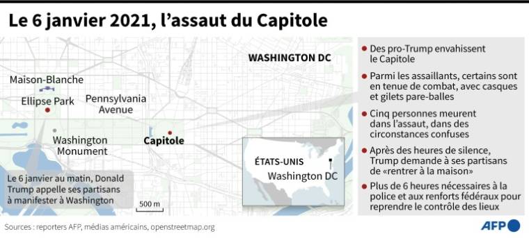 Carte de la capitale américaine Washington localisant le Capitole, théâtre d'une intrusion de partisans du président Donald Trump et de violences le 6 janvier 2021 ( AFP /  )