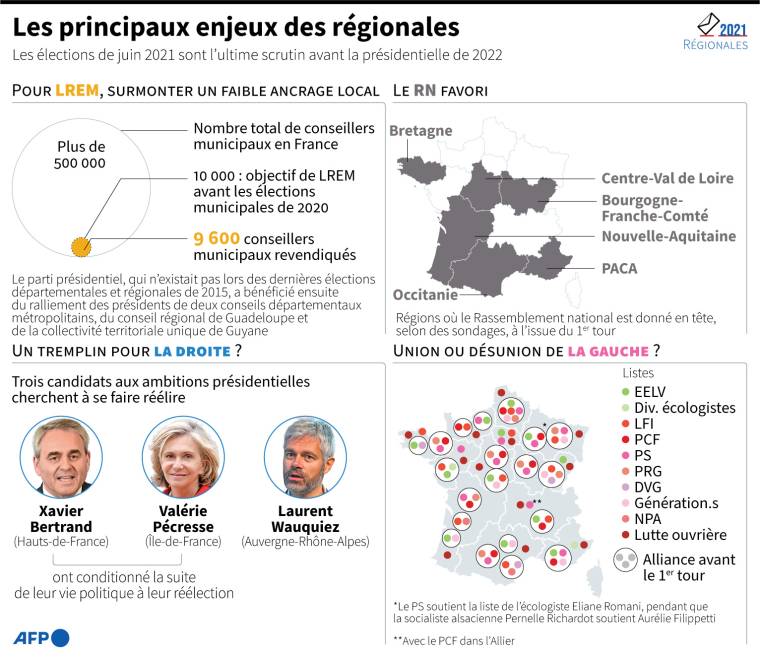 Sélection d'enjeux pour les partis politiques lors des élections régionales des 20 et 27 juin ( AFP /  )