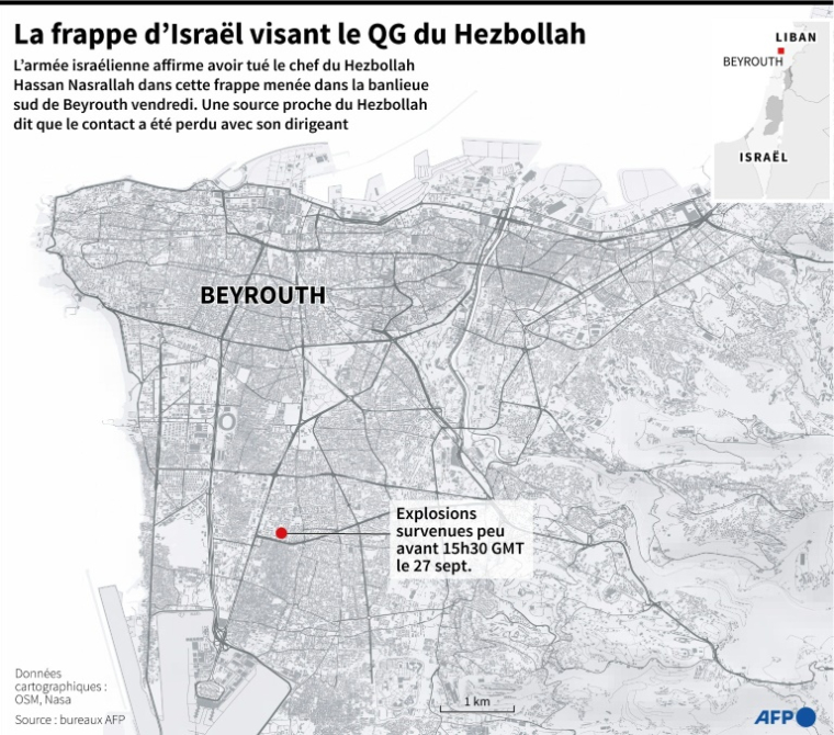 Carte localisant la frappe dans laquelle Israël affirme avoir visé le quartier général du Hezbollah et tué son dirigeant Hassan Nasrallah vendredi dans la banlieue sud de Beyrouth ( AFP / Cléa PECULIER )