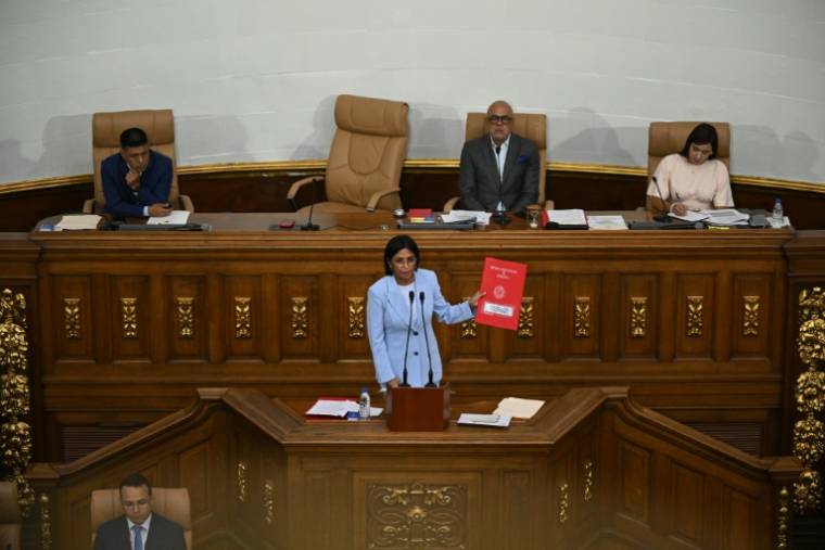 La vice-présidente vénézuélienne Delcy Rodriguez présente le projet de "loi contre le fascisme" à l'Assemblée nationale à Caracas le 2 avril 2024 ( AFP / Federico PARRA )