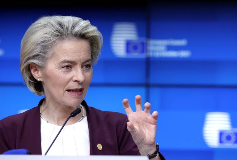 European Commission President Ursula von der Leyen speaks during a press conference at a EU summit in Brussels, on October 22, 2021. ( POOL / Olivier Matthys )