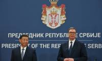 Le président chinois Xi Jinping (à gauche) et le président serbe Aleksandar Vucic lors d'une conférence de presse à Belgrade, le 8 mai 2024 ( AFP / Elvis Barukcic )