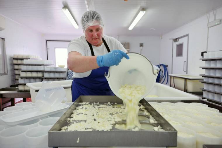 Une salariée de la Hampshire Cheese Company à Basingstoke, au Royaume-Uni, le 14 mars 2023.  ( AFP / ADRIAN DENNIS )