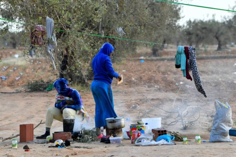 Campement de migrants d'Afrique subsaharienne à El Amra près de Sfax, en Tunisie le 24 avril 2024 ( AFP / FETHI BELAID )