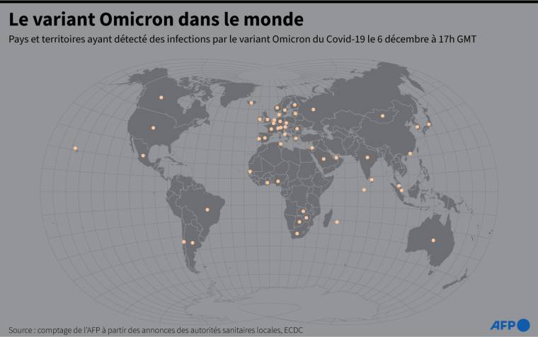 Carte des pays du monde ayant détecté des infections par le variant Omicron du coronavirus (SARS-CoV-2 B.1.1.529), au 6 décembre à 17h GMT ( AFP /  )