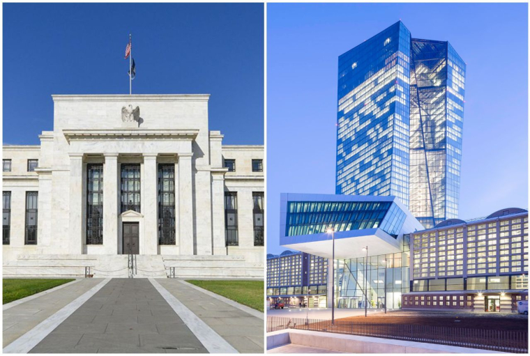 Le siège de la Fed et de la BCE. (Crédits photo : Federal Reserve/ BCE)