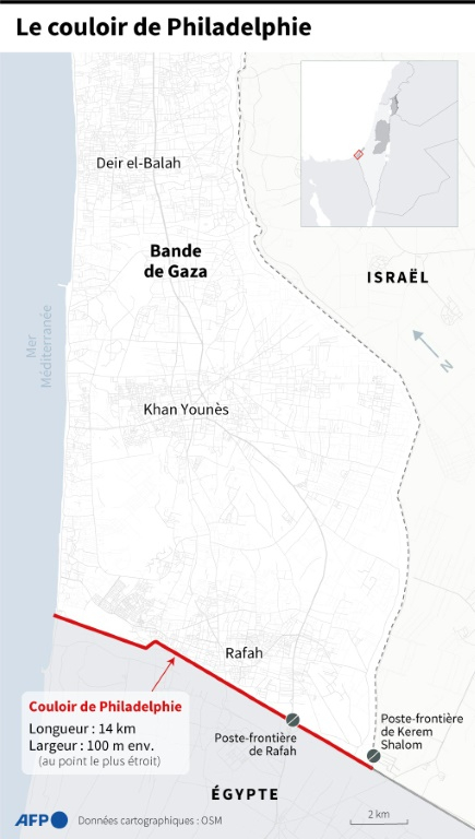 Carte montrant le couloir de Philadelphie, une étroite bande de terre le long de la frontière entre Gaza et l'Egypte ( AFP / Omar KAMAL )