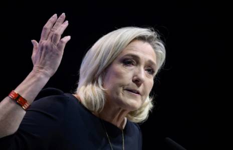 Marine Le Pen lors d'un meeting de campagne du RN pour les européennes, le 1er mai 2024 à Perpignan ( AFP / Ed JONES )