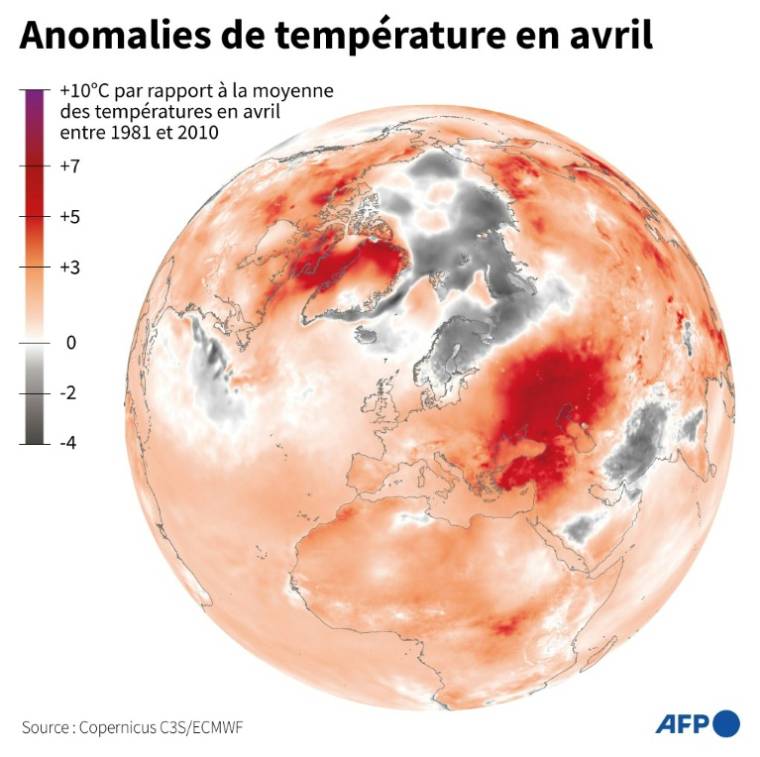 Carte du monde montrant les anomalies de température enregistrées en avril 2024 par rapport à la moyenne des températures entre 1981 et 2010, selon l'observatoire européen Copernicus ( AFP / Gal ROMA )