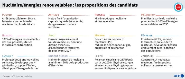 Propositions principales des 12 candidats sur la part du nucléaire et des énergies renouvelables ( AFP /  )