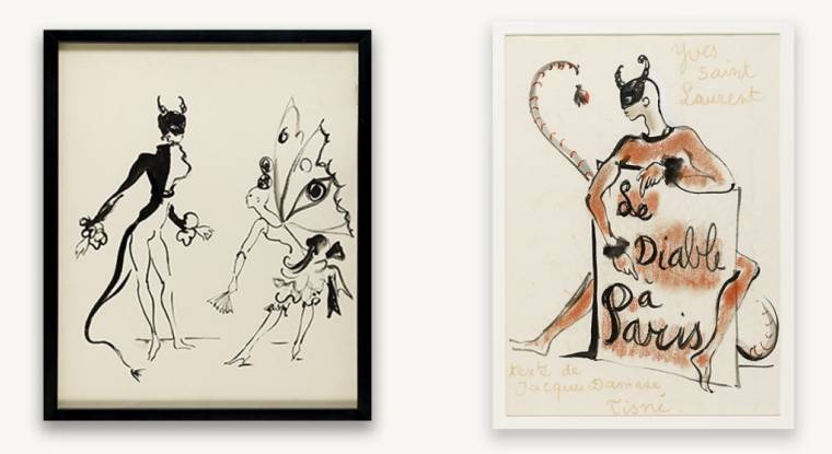 Deux dessins d'Yves Saint Laurent pour le livre pour enfants «Le Diable à Paris» de Jacques Damase. (© Cornette de Saint Cyr)