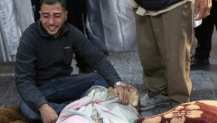 Un homme pleure près du corps d'une victime d'une frappe israélienne, le 22 novembre 2024 à l'hôpital Al-Ahli Arab, dans la ville de Gaza, sur fond de guerre entre Israël et le mouvement islamiste palestinien Hamas ( AFP / Omar AL-QATTAA )