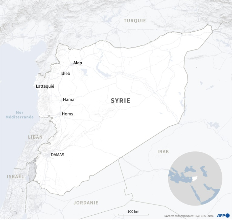 Carte de Syrie montrant notamment la ville d'Alep, deuxième ville du pays, tombée aux mains d'une coalition incluant le groupe islamiste radical Hayat Tahrir al-Cham (HTS) et des factions rebelles syriennes  ( AFP / Sylvie HUSSON )