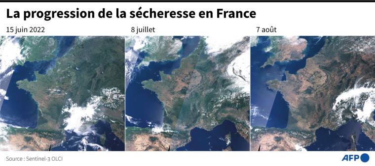 Images satellites montrant la France le 15 juin, le 8 juillet et le 7 août 2022 ( AFP /  )