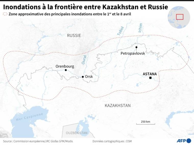 Carte des régions au Kazakhstan et en Russie touchées par de fortes inondations, début avril 2024 ( AFP / Nalini LEPETIT-CHELLA )