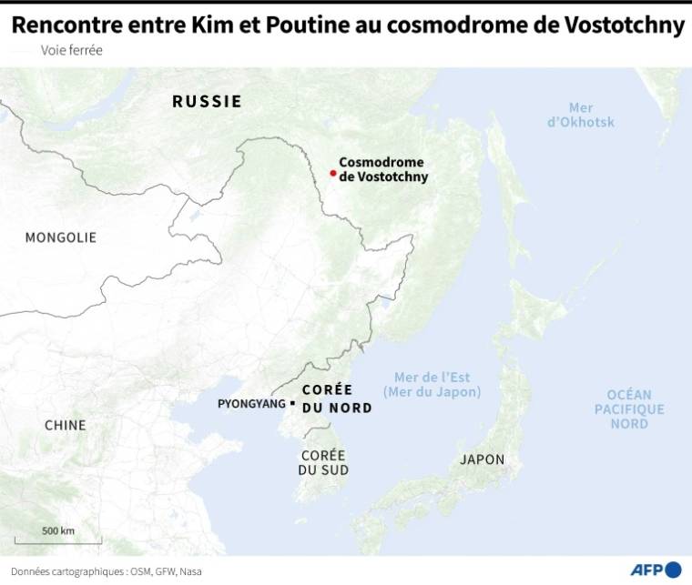 Carte des voies ferrées en Corée du Nord, en Russie et dans les pays limitrophes, indiquant l'emplacement du cosmodrome de Vostotchny ( AFP / Valentin RAKOVSKY )