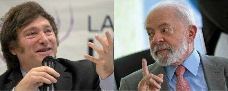 Le présidenr élu argentin Javier Milei le 11 octobre 2023 à Buenos Aires et le président du Brésil Luiz Inacio Lula da Silva à Brasilia le 14 septembre 2023 ( AFP / Juan MABROMATA )
