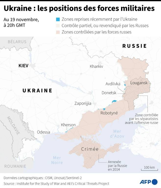 Carte des zones contrôlées par les forces ukrainiennes et russes en Ukraine au 19 novembre 2023 à 20h GMT ( AFP / Sabrina BLANCHARD )