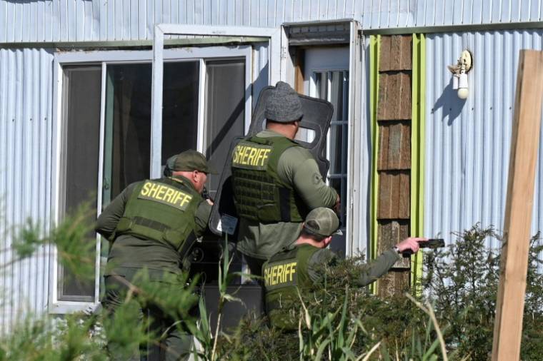 Des agents du shérif de San Bernardino effectuent une perquisition dans une exploitation illégale de cannabis à Newsberry Springs, en Californie, le 29 mars 2024 ( AFP / Robyn Beck )