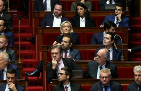 Une partie des députés RN, parmi lesquels la cheffe de file du groupe Marine Le Pen, à l'Assemblée nationale, à Paris, le 22 octobre 2024 ( AFP / Alain JOCARD )