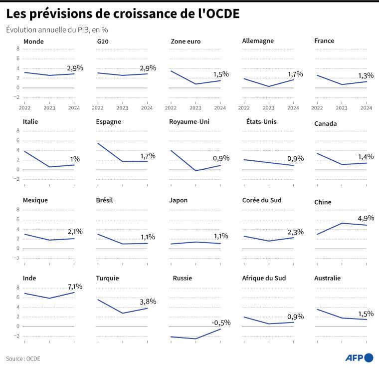 Les prévisions de croissance de l'OCDE pour 2022-2024 ( AFP /  )