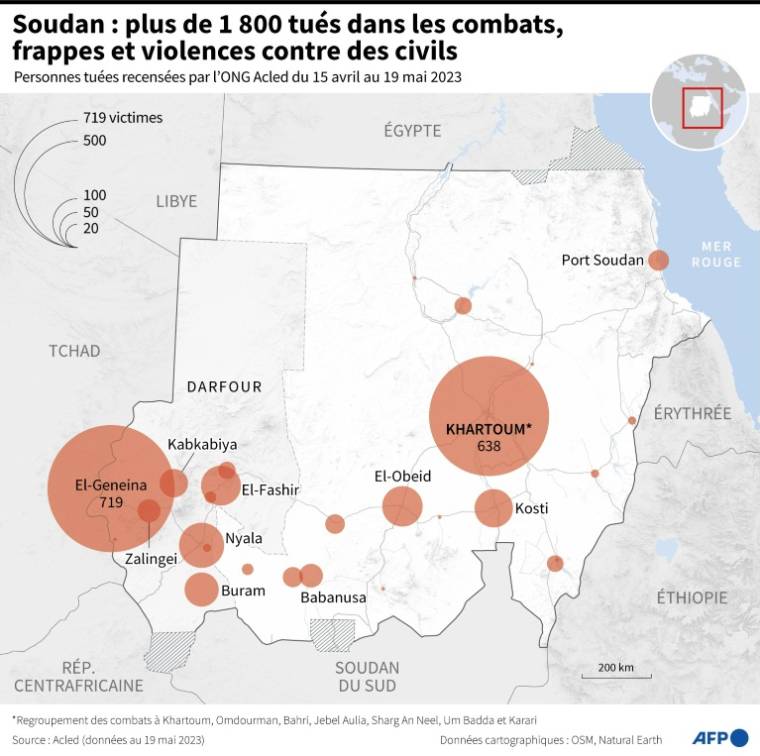 Nombre de personnes tuées dans les combats, frappes et attaques de civils répertoriés au Soudan entre le 15 avril et le 19 mai 2023 par l'ONG Acled ( AFP / Sophie RAMIS )