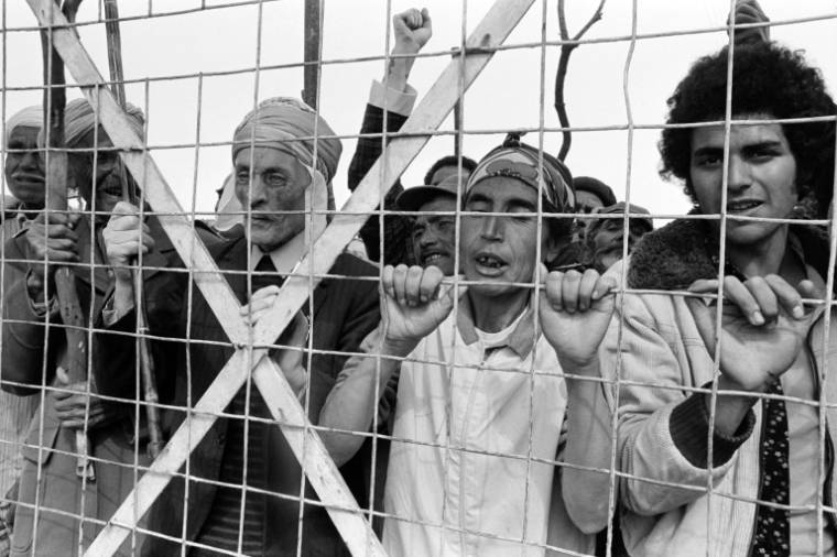 Des enfants de harkis manifestent devant le camp de Saint-Maurice l'Ardoise pour attirer l'attention sur les conditions des harkis, le 2 juin 1975 près de Saint-Laurent-des-Arbres, dans le Gard   ( AFP / - )