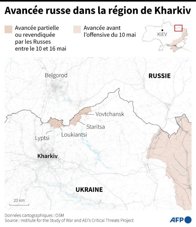 Carte du nord-est de l'Ukraine montrant la ligne de front dans la région de Kharkiv et l'avancée des Russes entre le 10 et le 16 mai ( AFP / Hervé BOUILLY )