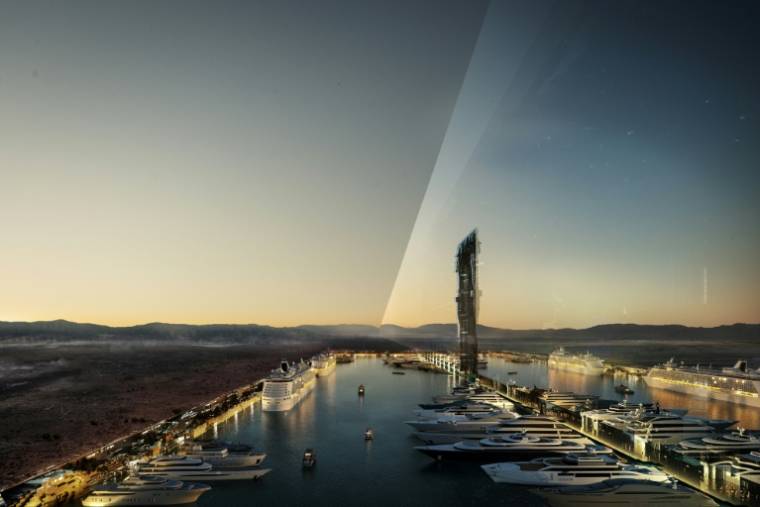 Photo provided on July 26, 2022 of the futuristic megalopolis project NEOM shows the design plan for the 500-meter-tall parallel structures, known as 